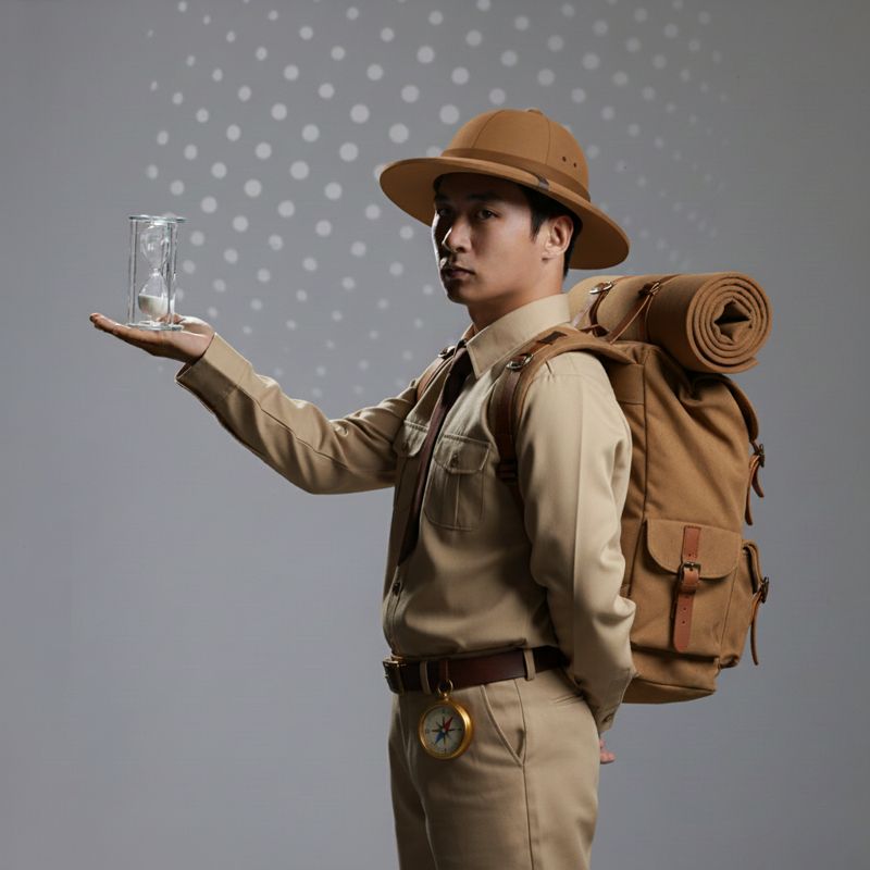 탐험가 의상으로 모래시계를 든 버블케이